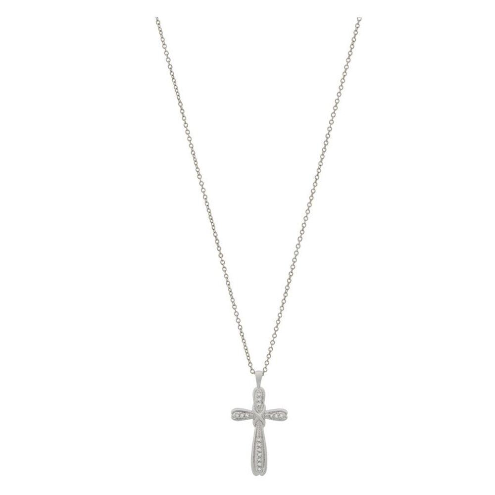 White Gold Plated Infinity Cross Pendant Necklace with White Topaz Accents
